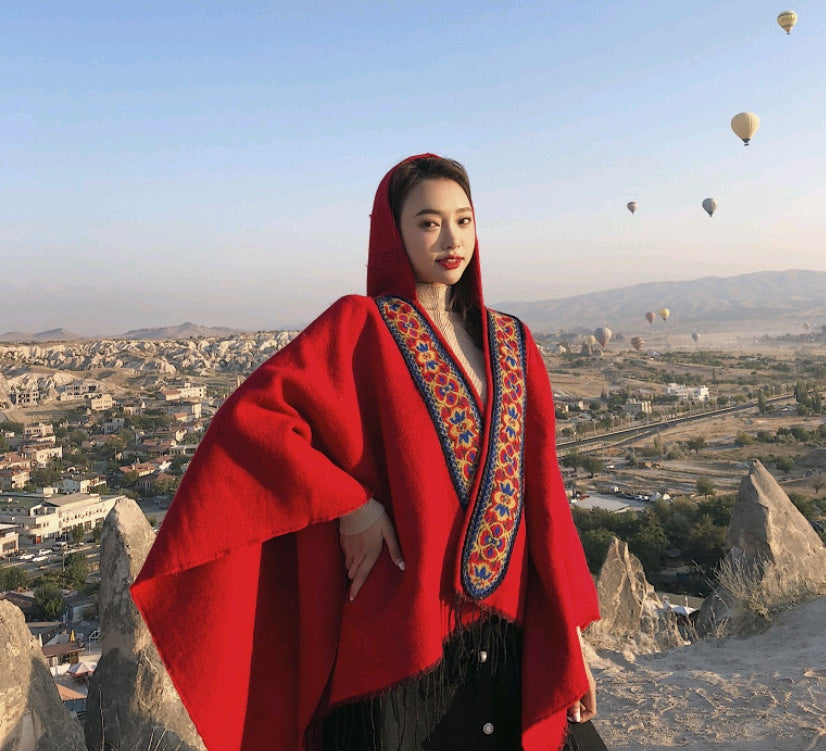 National wind shawl female hooded thick warm Yunnan tibet travel scarf hooded cloak cloak