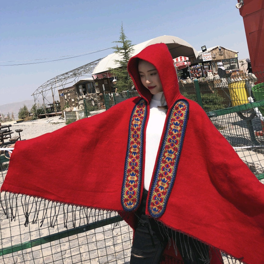 National wind shawl female hooded thick warm Yunnan tibet travel scarf hooded cloak cloak