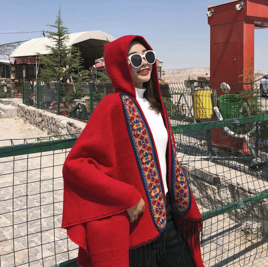 National wind shawl female hooded thick warm Yunnan tibet travel scarf hooded cloak cloak