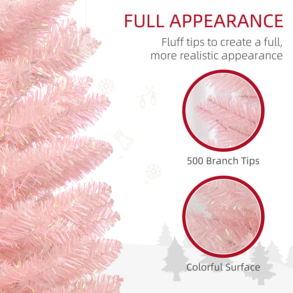 7' Prelit Christmas Trees, Pencil Artificial Christmas Tree with Colorful Surface Branches, Colorful LED Lights, Pink