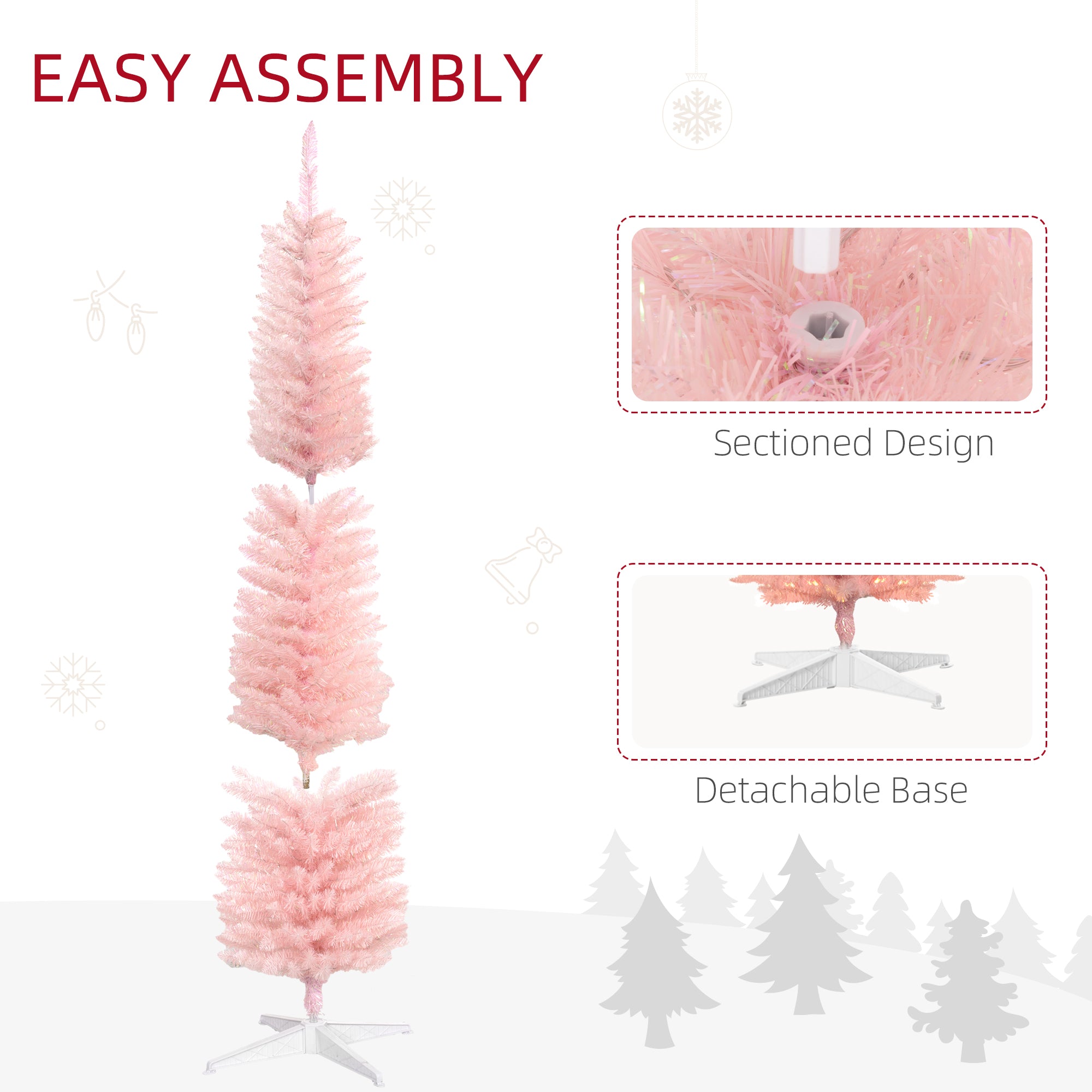 7' Prelit Christmas Trees, Pencil Artificial Christmas Tree with Colorful Surface Branches, Colorful LED Lights, Pink