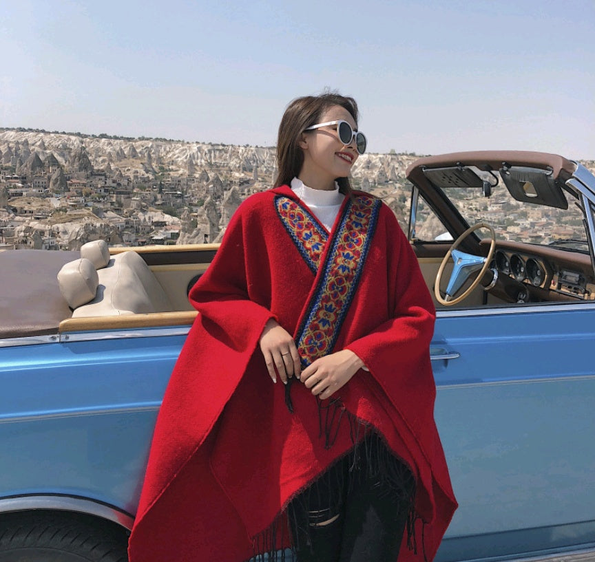 National wind shawl female hooded thick warm Yunnan tibet travel scarf hooded cloak cloak