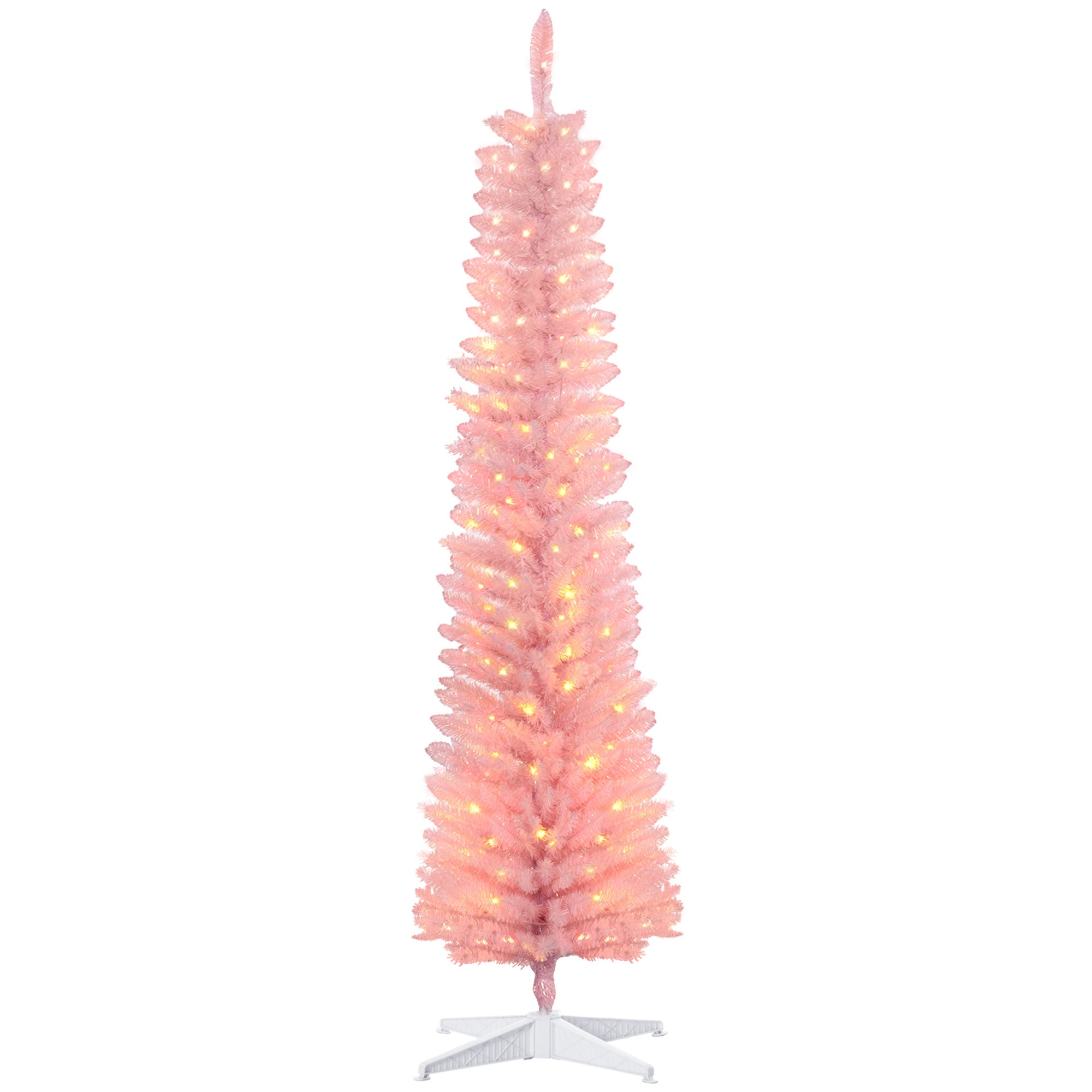 7' Prelit Christmas Trees, Pencil Artificial Christmas Tree with Colorful Surface Branches, Colorful LED Lights, Pink