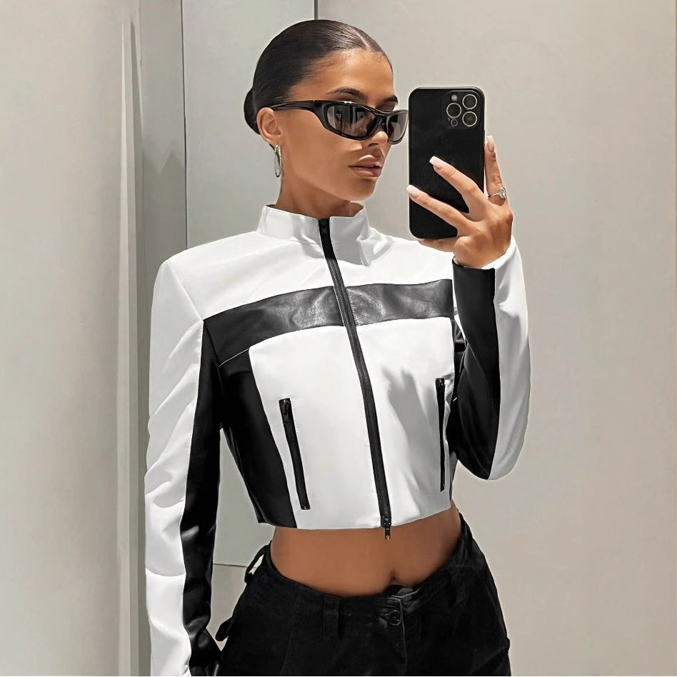 Black And White Contrast Color Leather Coat Women's Zipper Short Slim Jacket