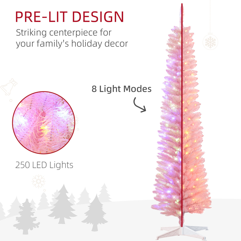 7' Prelit Christmas Trees, Pencil Artificial Christmas Tree with Colorful Surface Branches, Colorful LED Lights, Pink