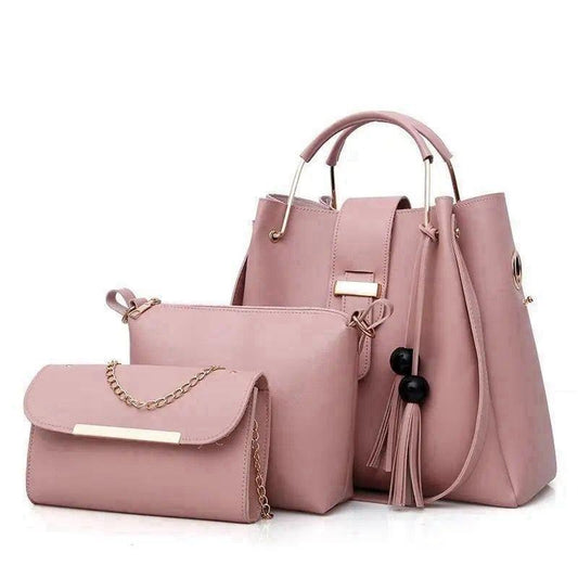 Stylish Pink Leather Hand Bag Set - 3 Pcs